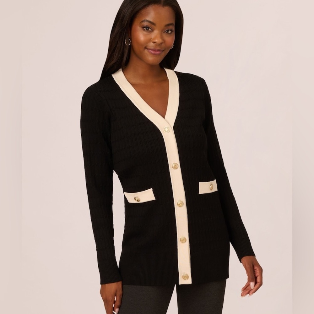 Adrianna Papell Cream Cardigan with Black Trim and Gold Buttons